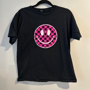 Black T shirt with checkered hot pink Smiley Face
